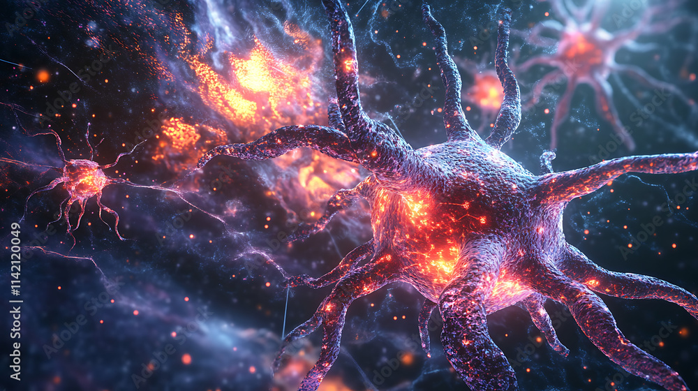 Fiery Neural Network: Microscopic view of a vibrant, burning neuron network, radiating intense energy. A captivating digital illustration of complex neurological activity. Fiery Neural Network: Microscopic view of a vibrant, burning neuron network, radiating intense energy. A captivating digital illustration of complex neurological activity.