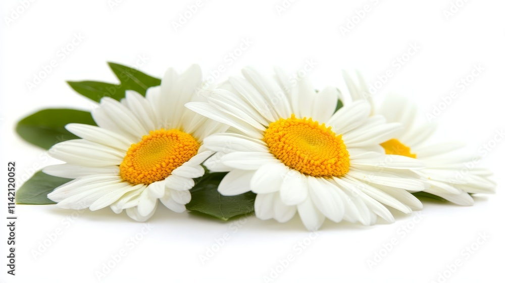 Fototapeta premium Daisies with Green Leaves Isolated on White Background, Floral Design, Botanical Illustration, Nature Concept for Decor, Gardening, and Art Projects.