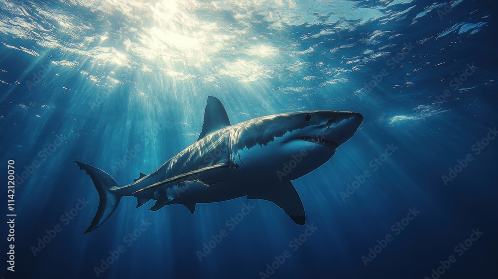Obraz premium Great white shark swimming in deep ocean with sunlight rays shining through water, marine predator, underwater wildlife, sea exploration, aquatic nature, majestic creature.