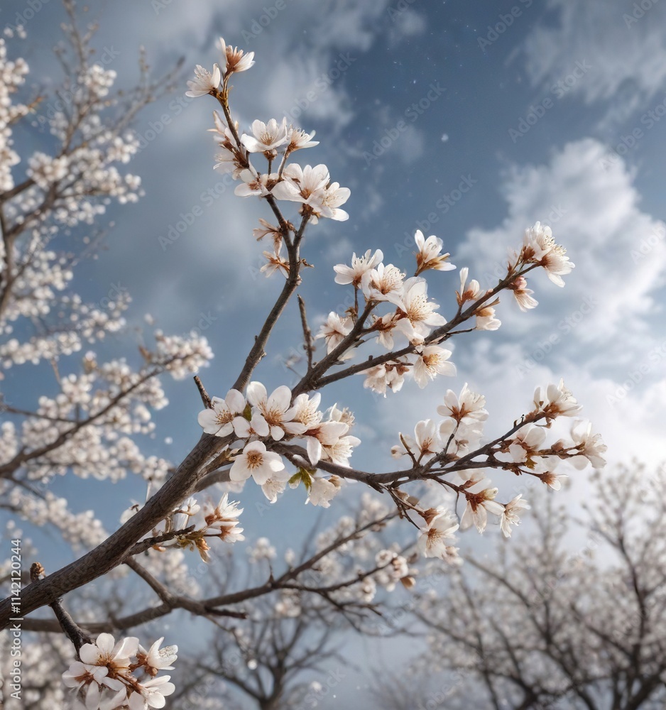 Delicate white blossoms on bare almond tree branches against a cold winter sky, winter blooming, cold weather, evergreen tree Delicate white blossoms on bare almond tree branches against a cold winter sky, winter blooming, cold weather, evergreen tree