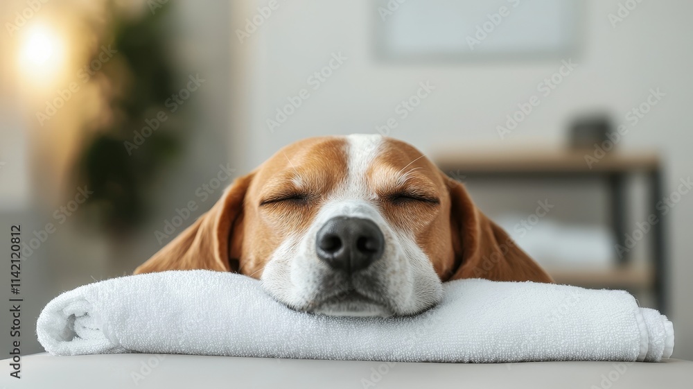 Soothing Relaxation for Your Dog concept. Sleeping dog resting on a towel in a cozy environment. Soothing Relaxation for Your Dog concept. Sleeping dog resting on a towel in a cozy environment.