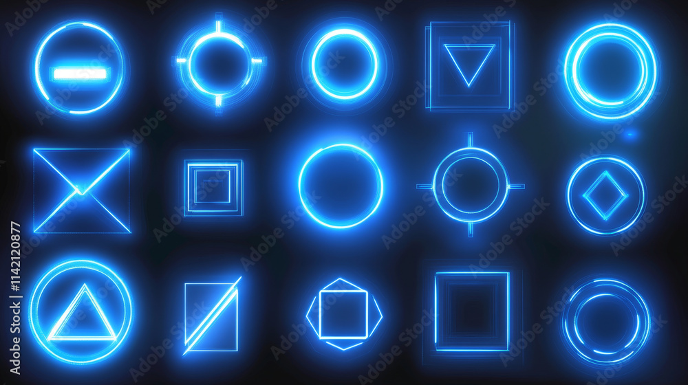 Blue neon light frames, empty banners with luminous effect isolated on transparent background. Glowing borders in circle, oval, square and triangle shape, vector realistic set Blue neon light frames, empty banners with luminous effect isolated on transparent background. Glowing borders in circle, oval, square and triangle shape, vector realistic set