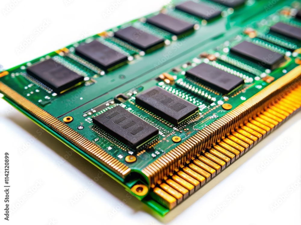 RAM Module Close Up, Computer Memory, DDR RAM, White Background, Worm's Eye View RAM Module Close Up, Computer Memory, DDR RAM, White Background, Worm's Eye View