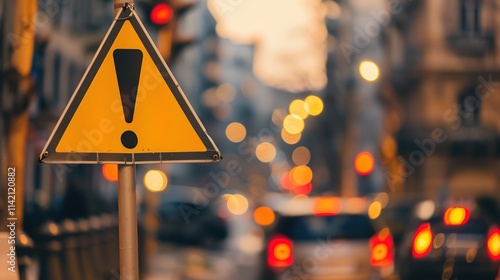 Yellow triangle traffic sign with black exclamation mark symbolizing police warning, clear and sharp with ample copy space for text or design.