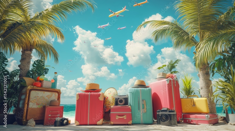 Fototapeta premium Colorful tropical beach scene with red luggage