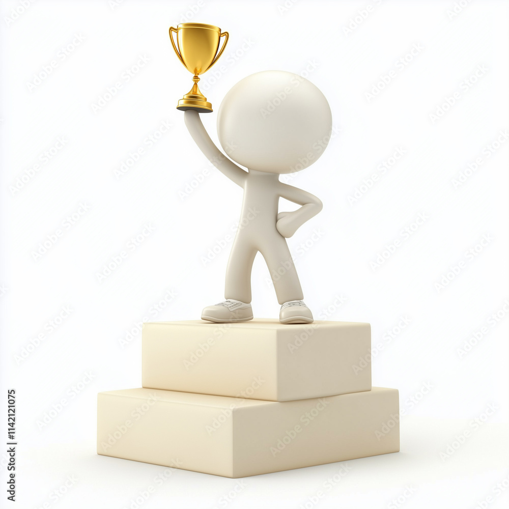 3D person standing on podium and holding golden trophy in victory isolated on white background
3D person standing on podium and holding golden trophy in victory isolated on white background