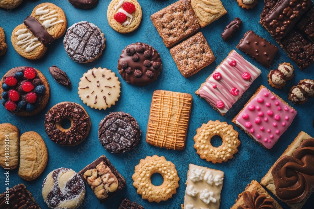 Fototapeta premium Assorted Delicious Cookies Arranged On Blue Background