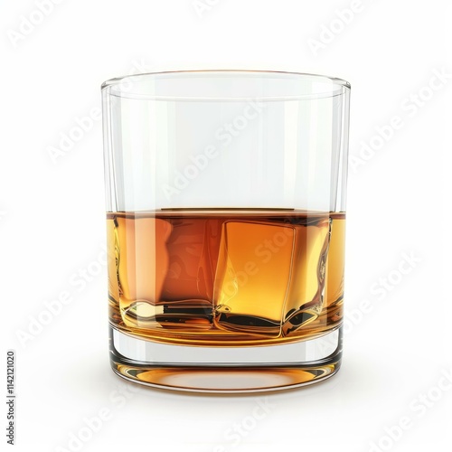 Short glass containing whiskey and ice cubes, isolated on a white background