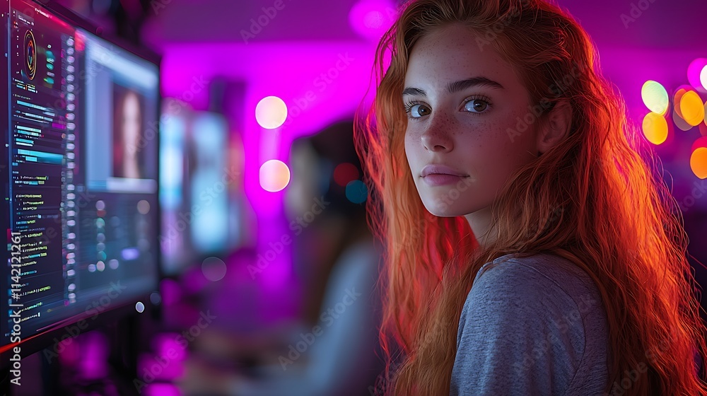 Red haired woman codes at computer screen in vibrant room Red haired woman codes at computer screen in vibrant room