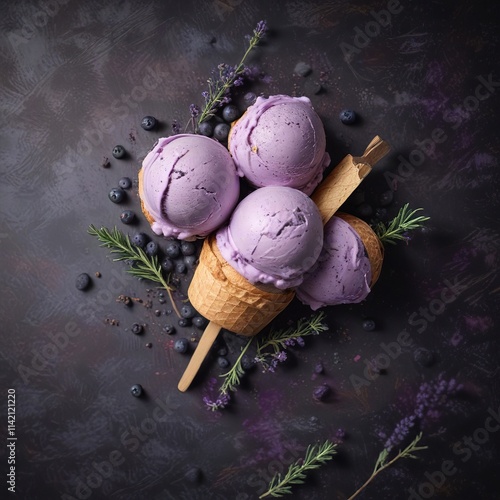 Dark background with a few scoops of blueberry ice cream and multiple fresh lavender sprigs surrounding them, dark background, sweet treat, summer flavors