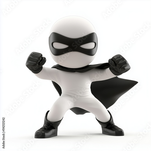 3D person wearing black superhero mask and striking power pose isolated on white background

