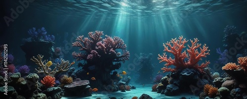 Dark and mysterious underwater scene with coral, black, coral, fish