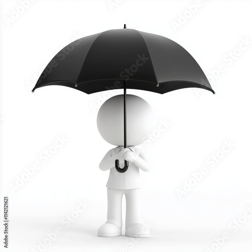 3D person holding umbrella standing in rain isolated on white background

