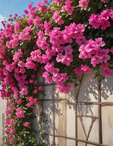 Colorful Bougainvillea flowers in full bloom on a trellis, decoration, tropical