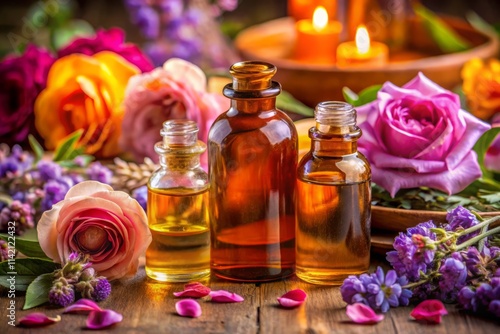 Spa Still Life: Close-Up of Essential Oils & Blossoms - Relaxing Aromatherapy