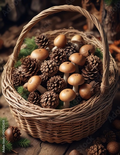 Champignon mushroom stems and caps in a rustic wicker basket filled with pinecones and twigs, wild, forest, mushrooms