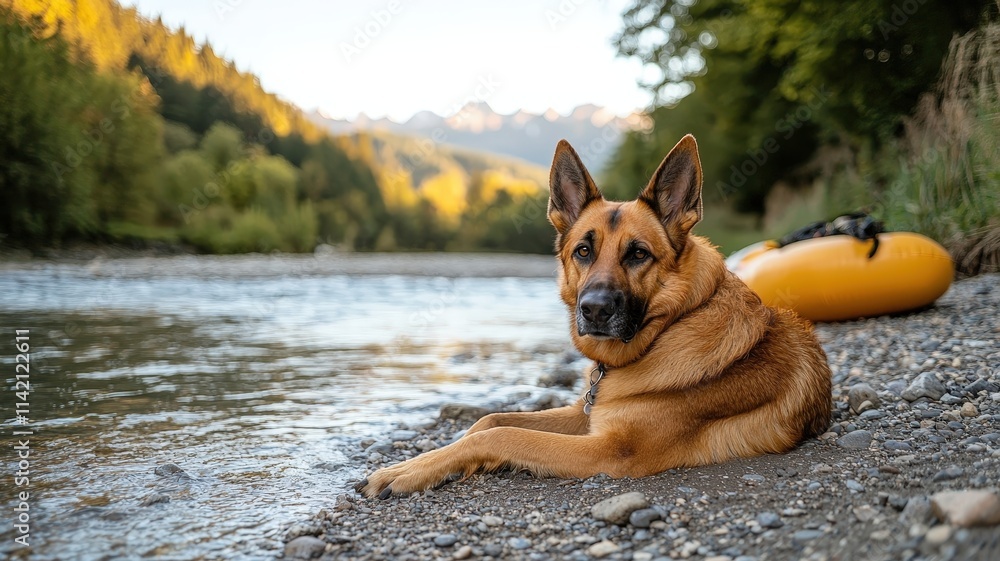 Soothing Relaxation for Your Dog concept. A dog resting by a riverbank in a scenic natural setting. Soothing Relaxation for Your Dog concept. A dog resting by a riverbank in a scenic natural setting.
