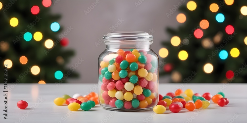 A glass container filled with colorful hard candies , with a blurred Christmas tree and lights in the background in the background A glass container filled with colorful hard candies , with a blurred Christmas tree and lights in the background in the background