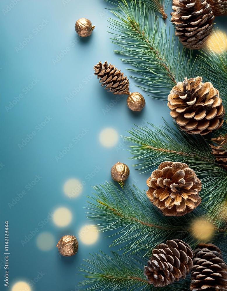 Pine branches with pinecones on a blue background with bokeh lights. Generative AI Pine branches with pinecones on a blue background with bokeh lights. Generative AI