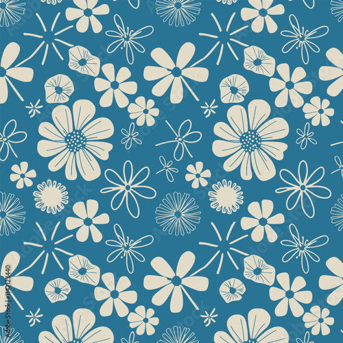 Wallpaper Mural Seamless background with primitive childish floral pattern. Simple cute big dark blue and pink flowers in boho style. Baby wallpaper, print for banner, postcard, packaging, textile Torontodigital.ca