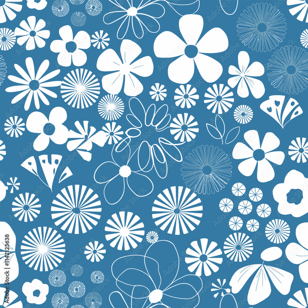 Seamless background with primitive childish floral pattern. Simple cute big dark blue and pink flowers in boho style. Baby wallpaper, print for banner, postcard, packaging, textile Seamless background with primitive childish floral pattern. Simple cute big dark blue and pink flowers in boho style. Baby wallpaper, print for banner, postcard, packaging, textile