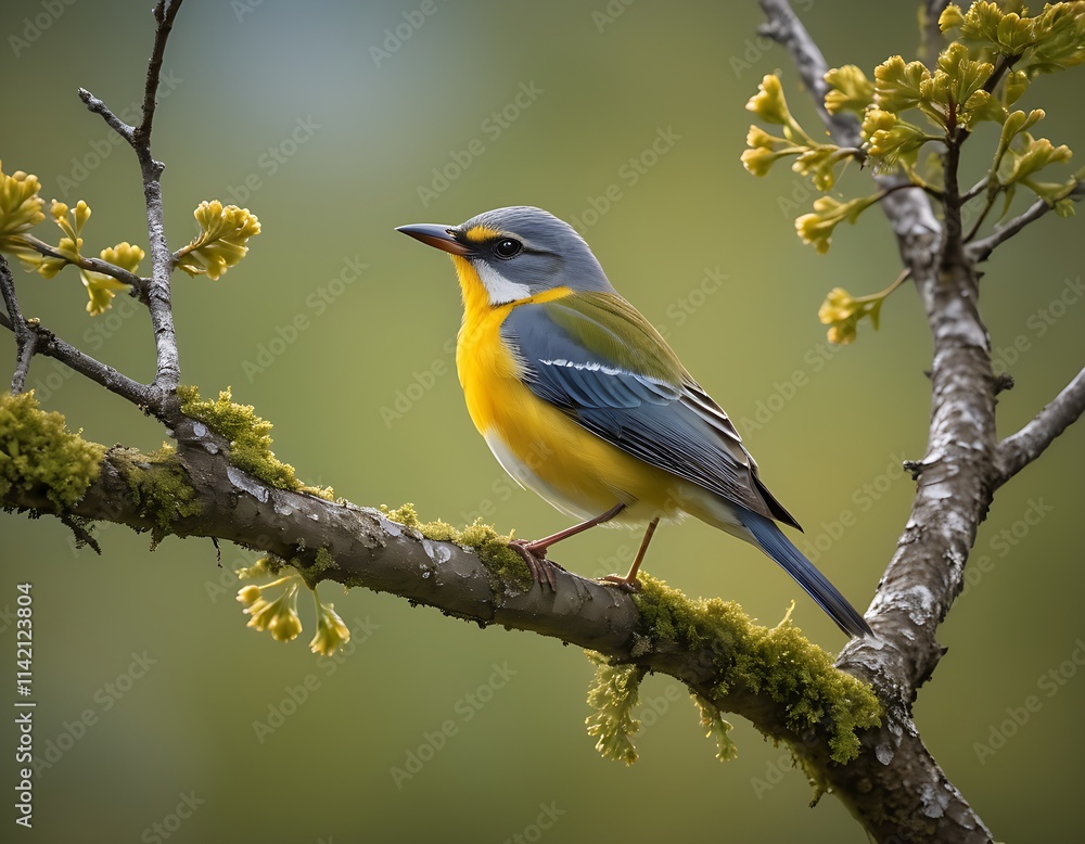 Fototapeta premium Euphonia or eufonia is a genus of neotropical birds in the sparrow family. Wallpaper of bird perched on tree branches up close