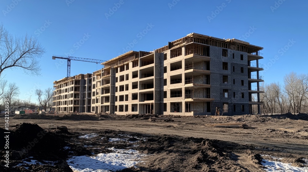 Fototapeta premium Large apartment building under construction in bright sunlight