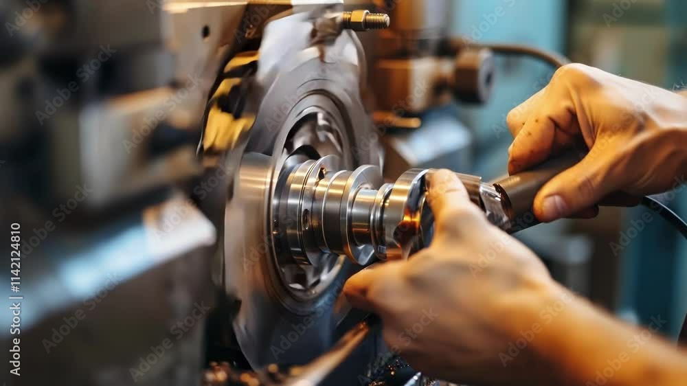 Close up of mechanic hands measuring a metal part while working on a lathe. The part spins smoothly, showcasing precision and skill in metalworking and craftsmanship
