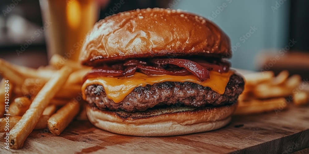 Juicy Cheeseburger with Fries on Wooden Board Juicy Cheeseburger with Fries on Wooden Board