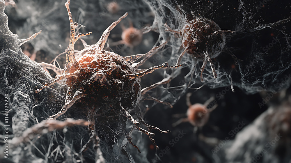 Microscopic World: A haunting close-up of a cancer cell, its intricate structure and tendrils resembling a menacing web. The image offers a glimpse into the microscopic battleground of disease. Microscopic World: A haunting close-up of a cancer cell, its intricate structure and tendrils resembling a menacing web. The image offers a glimpse into the microscopic battleground of disease.
