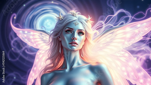 A ethereal fairy with large, iridescent wings,  pale skin, and long white hair, set against a swirling nebula background. photo