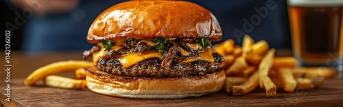 Juicy Cheeseburger with Fries on Wooden Board