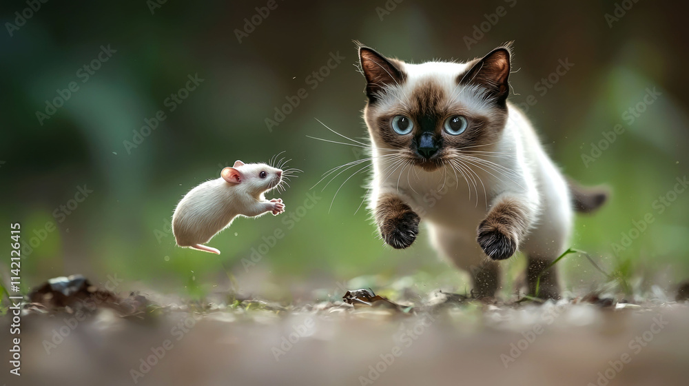 Cat chasing mouse outdoors.