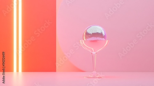 Party cocktail with disco ball on peach orange background with neon bokeh lights. Disco party, retro fashion. Christmas, New Year, Valentine's Day, Women's Day. Festive backdrop for card, banner, menu photo