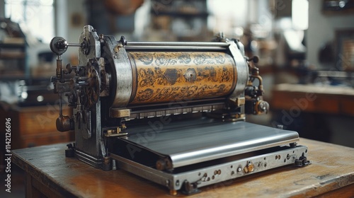 Vintage mechanical typewriter with paper roll on antique wooden desk, retro writing machine in nostalgic office setting, old-fashioned literature tool, historical design.