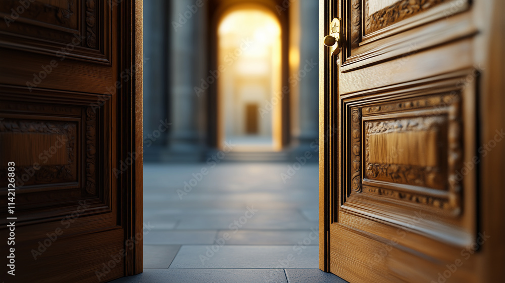 Golden Door Opening to a Bright Horizon, Symbolizing New Opportunities and Success Golden Door Opening to a Bright Horizon, Symbolizing New Opportunities and Success