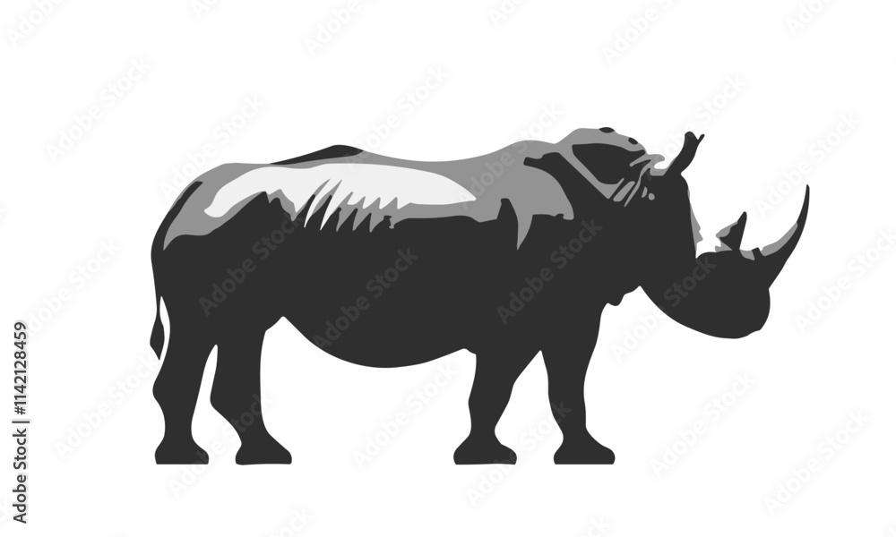 Fototapeta premium Black and white rhino is shown in the image. The rhino is standing on its hind legs and has a long neck. flat vector illustration
