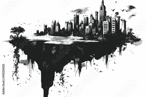 Cityscape with a large tree in the foreground and a skyline in the background. The tree is surrounded by a body of water. flat vector illustration