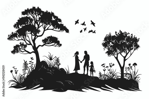 Family of three is walking in the woods. There are birds flying in the sky. The trees are tall and the ground is covered with grass. flat vector illustration