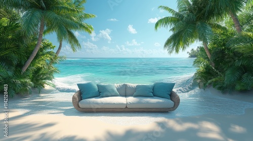beach sofa bed with palm trees in the background summertime 3d concep