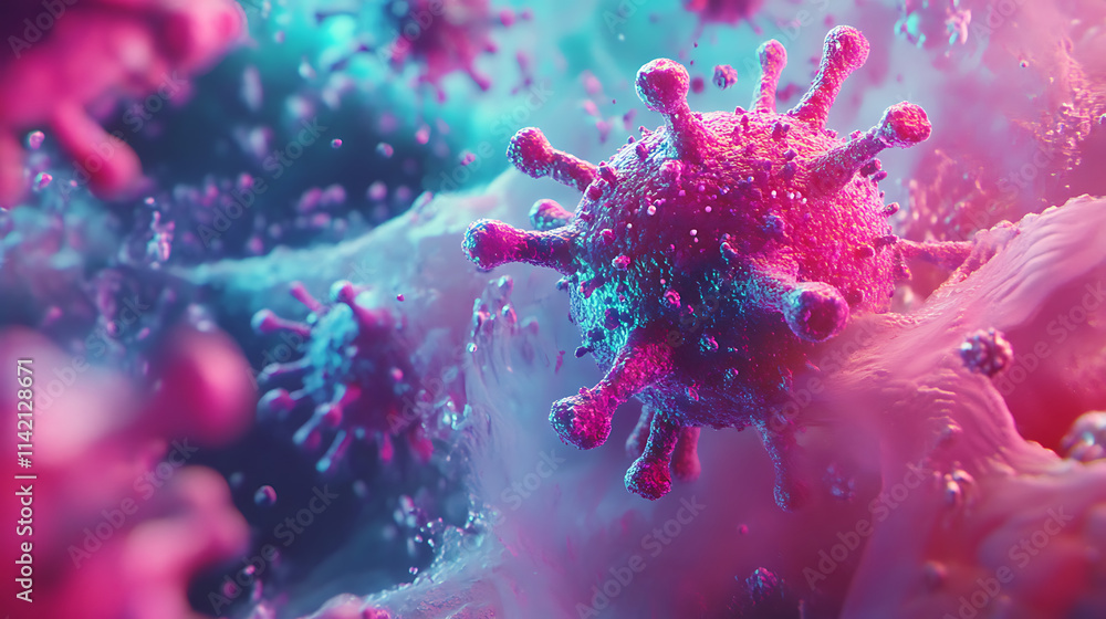 Microscopic Virus Combat: A close-up view of virus particles in vibrant pink and teal hues, dynamically interacting within a cell, creating a visually striking and scientifically relevant image. Microscopic Virus Combat: A close-up view of virus particles in vibrant pink and teal hues, dynamically interacting within a cell, creating a visually striking and scientifically relevant image.