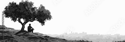 Man sits under a tree. The tree is tall and has a lot of leaves. The man is sitting on the ground. flat vector illustration