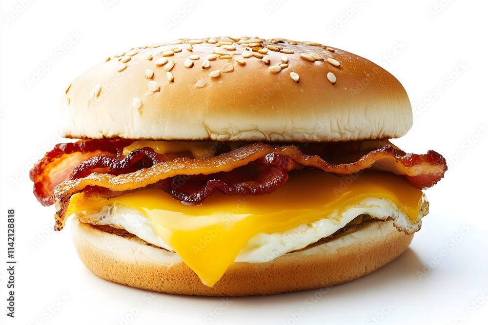 A breakfast sandwich made with egg, bacon and melted cheese on a white background A breakfast sandwich made with egg, bacon and melted cheese on a white background