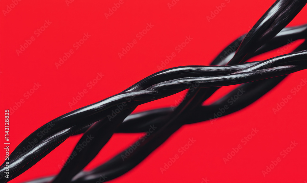 Dynamic Twisting Black Wires on Vibrant Red Background Highlighting Modern Technology and Industrial Design Concepts Dynamic Twisting Black Wires on Vibrant Red Background Highlighting Modern Technology and Industrial Design Concepts