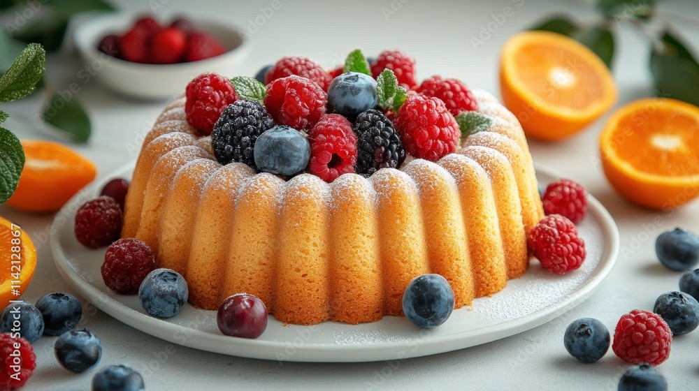 A Delicious Cake Surrounded by Fresh Berries and Sliced Oranges on a White Tablecloth, Perfect for Celebrations and Summer Gatherings A Delicious Cake Surrounded by Fresh Berries and Sliced Oranges on a White Tablecloth, Perfect for Celebrations and Summer Gatherings
