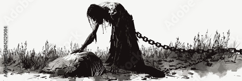 Woman is chained to a rock. The chain is wrapped around her neck and is attached to the rock. flat vector illustration