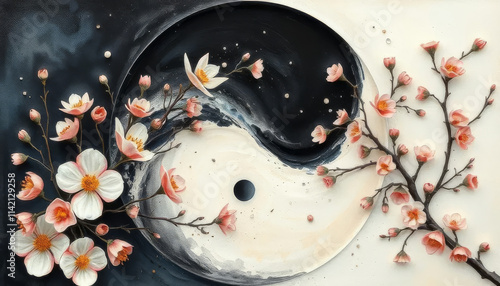 Painting of a yin and yang symbol with flowers and branches