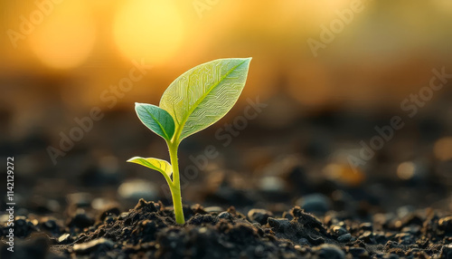 Small plant is growing in the dirt