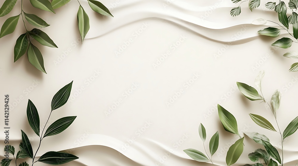 Green leaves arranged on a creamy textured background Green leaves arranged on a creamy textured background