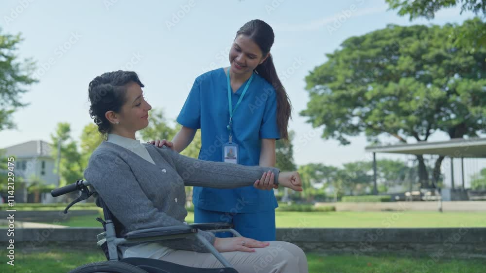 CaregiverCaring caregiver supports smiling woman in wheelchair outdoors, showcasing compassion and dedication in serene park environment for healthcare and well being. CaregiverCaring caregiver supports smiling woman in wheelchair outdoors, showcasing compassion and dedication in serene park environment for healthcare and well being.